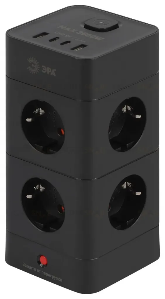 Сетевой фильтр ЭРА TWR-8es-1,5m-4USB-B башня с защитой заземлением с выключателем 8 розеток+4xUSBA+C 1,5м 16А черный Б0069072 Б0069072
