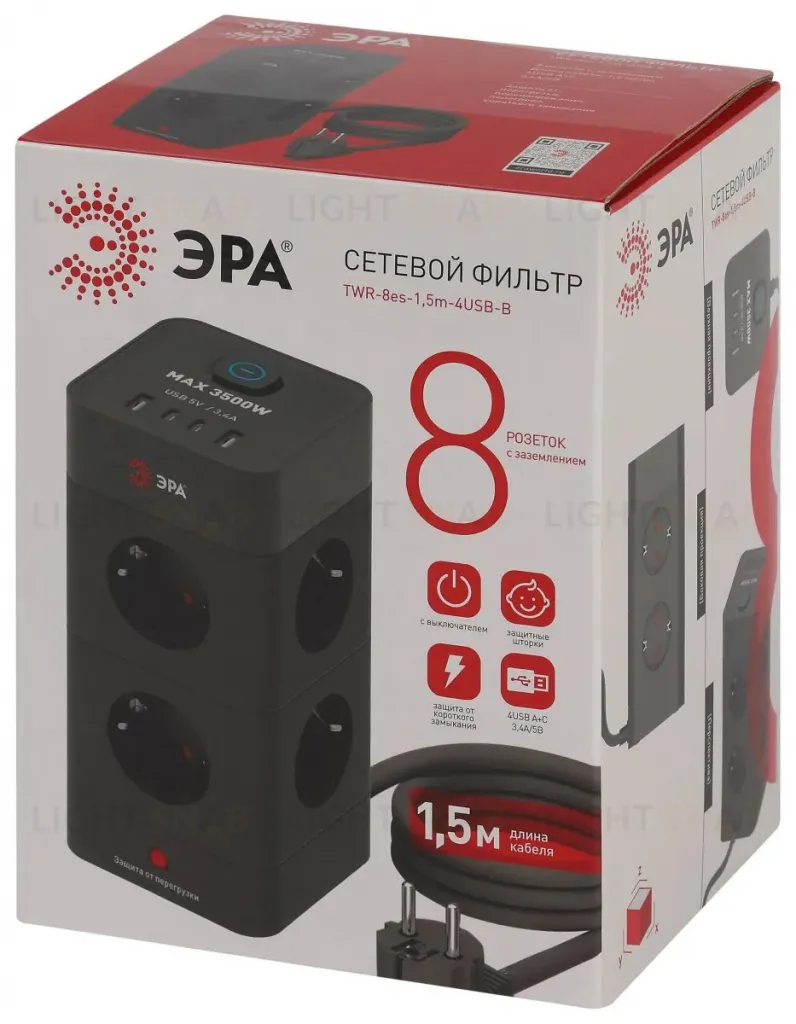 Сетевой фильтр ЭРА TWR-8es-1,5m-4USB-B башня с защитой заземлением с выключателем 8 розеток+4xUSBA+C 1,5м 16А черный Б0069072 Б0069072