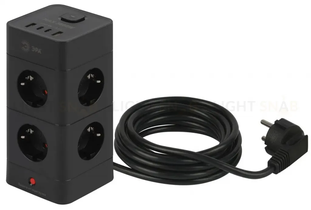 Сетевой фильтр ЭРА TWR-8es-1,5m-4USB-B башня с защитой заземлением с выключателем 8 розеток+4xUSBA+C 1,5м 16А черный Б0069072 Б0069072