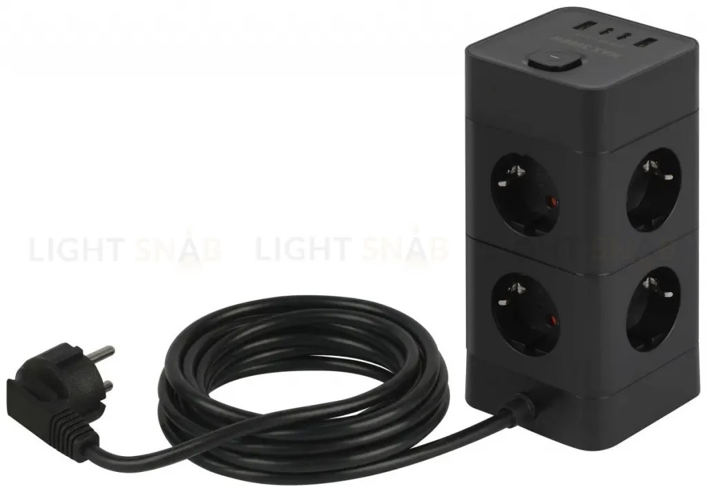 Сетевой фильтр ЭРА TWR-8es-1,5m-4USB-B башня с защитой заземлением с выключателем 8 розеток+4xUSBA+C 1,5м 16А черный Б0069072 Б0069072