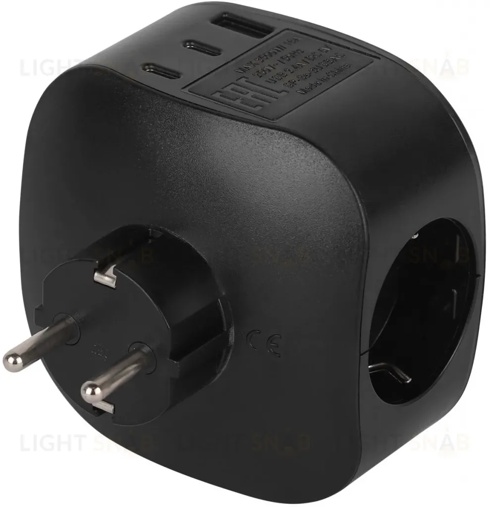 Разветвитель электрический ЭРА SP-3e-3USBAC-B на 3 розетки + 3 USB A+C с заземлением со шторками 16А черный Б0069082 Б0069082