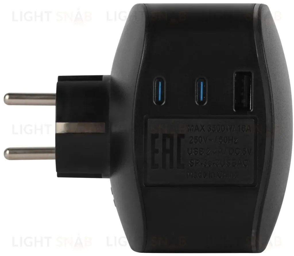 Разветвитель электрический ЭРА SP-3e-3USBAC-B на 3 розетки + 3 USB A+C с заземлением со шторками 16А черный Б0069082 Б0069082