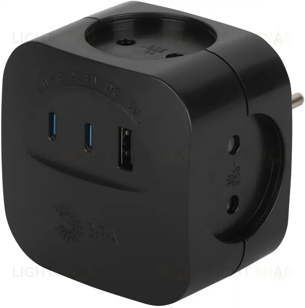 Разветвитель электрический ЭРА SP-4-3USBAC-B на 4 розетки + 3 USB A+C со шторками 10А черный Б0069084 Б0069084