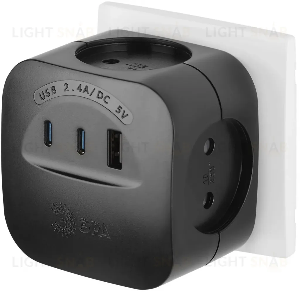 Разветвитель электрический ЭРА SP-4-3USBAC-B на 4 розетки + 3 USB A+C со шторками 10А черный Б0069084 Б0069084