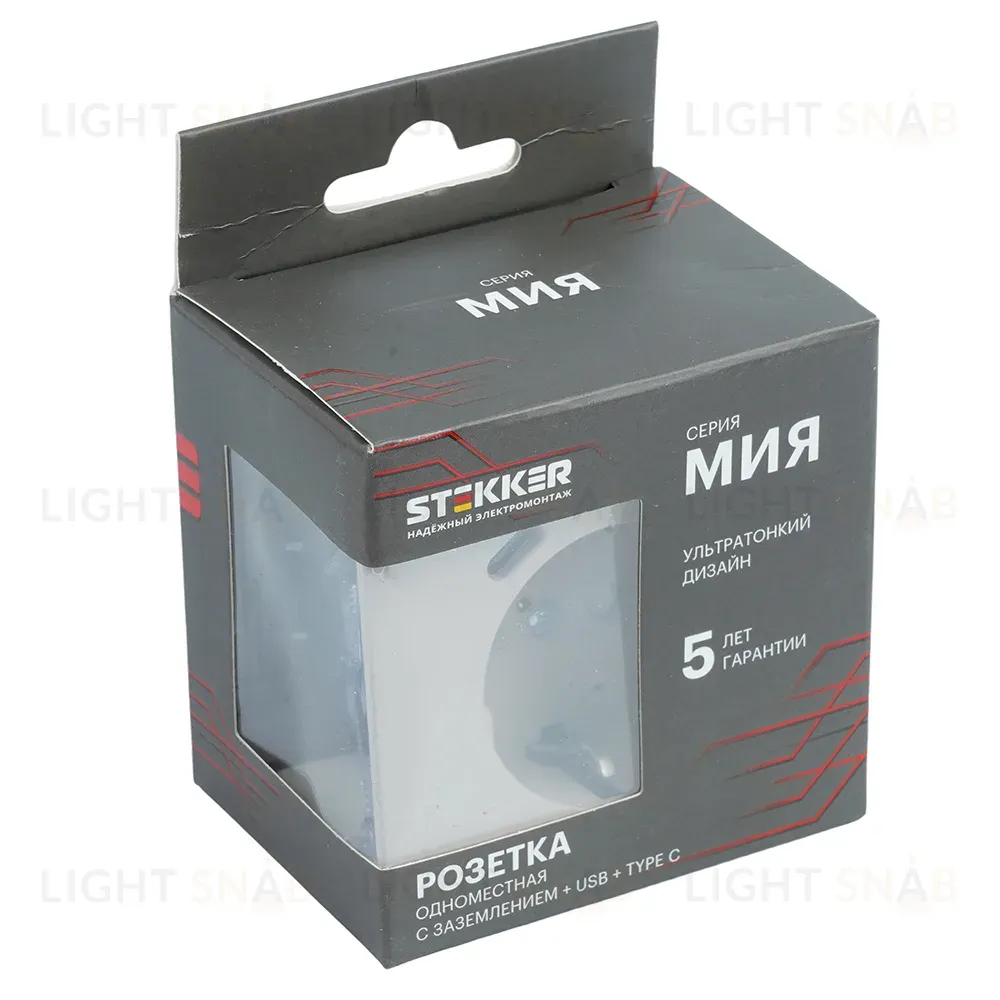 Розетка 1-местная 16А + USB + Type C (механизм) Stekker 250В 20W Мия RST16-3119-08 50482 50482