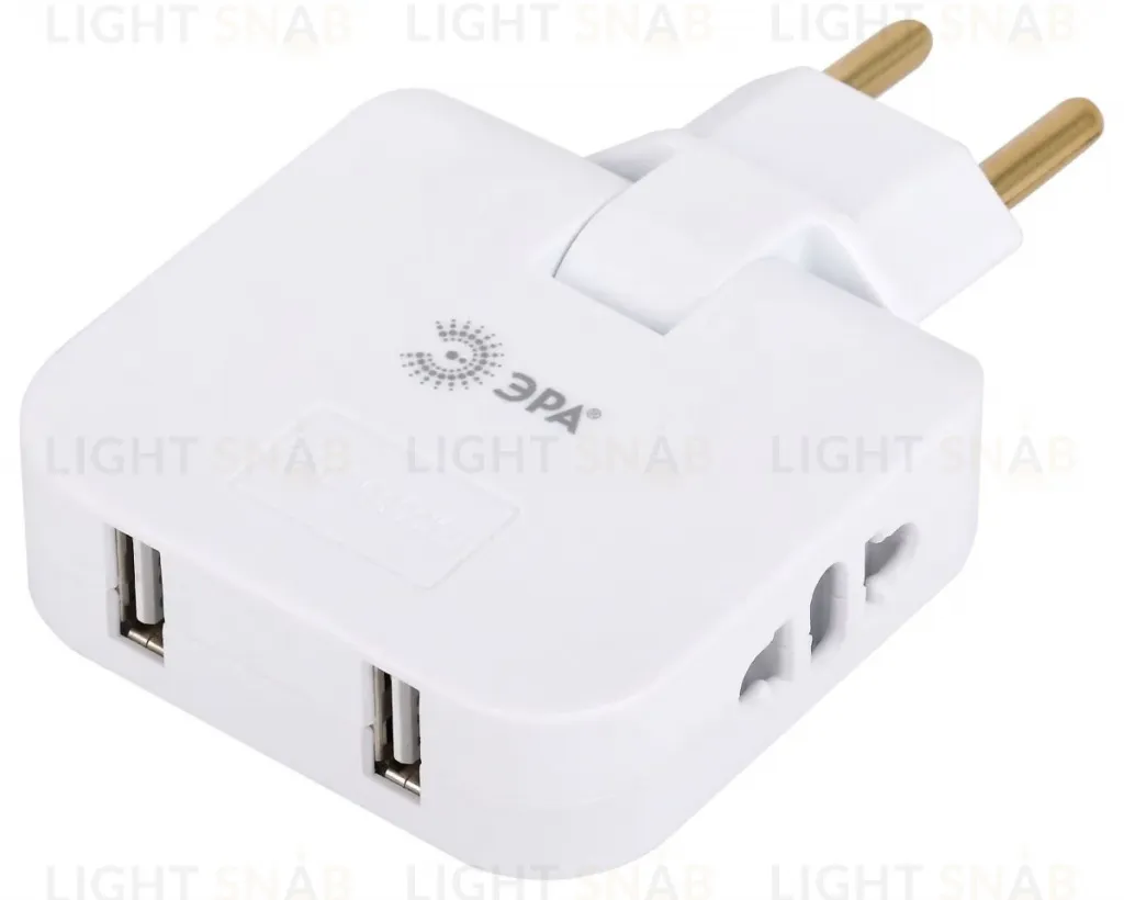 Разветвитель электрический Эра SPF-2-FL-USB поворотный на 2 розетки + 2USB 10А белый Б0069089 Б0069089