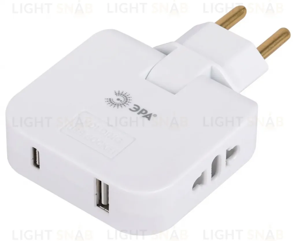 Разветвитель электрический Эра SPF-2-FL-USBC поворотный на 2 розетки + 2USB A+C 10А белый Б0069090 Б0069090
