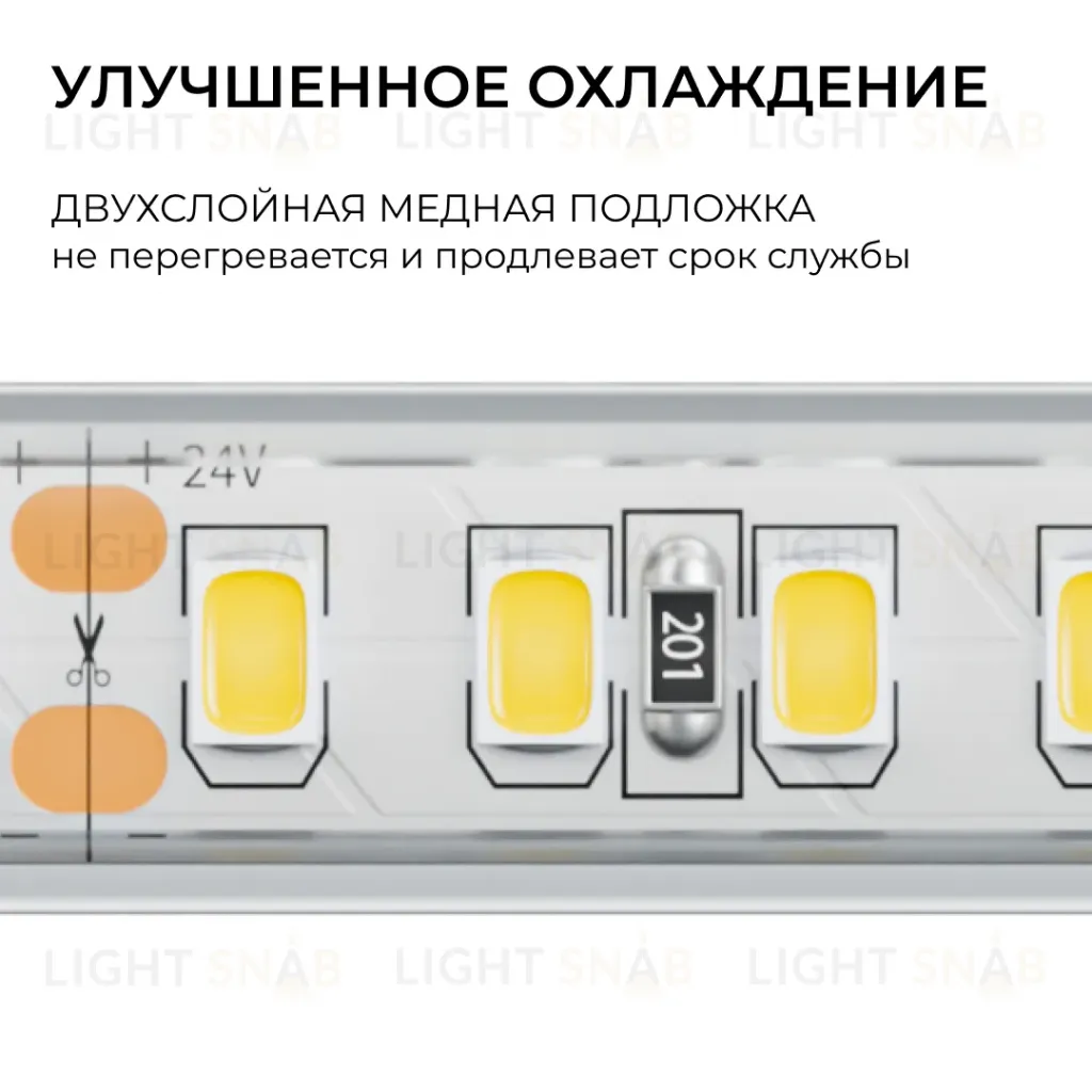 Светодиодная лента Apeyron 24В, 12 Вт/м, 1000 лм/м, 3000К, smd2835, 180 д/м, IP65, 5м 00-447 00-447