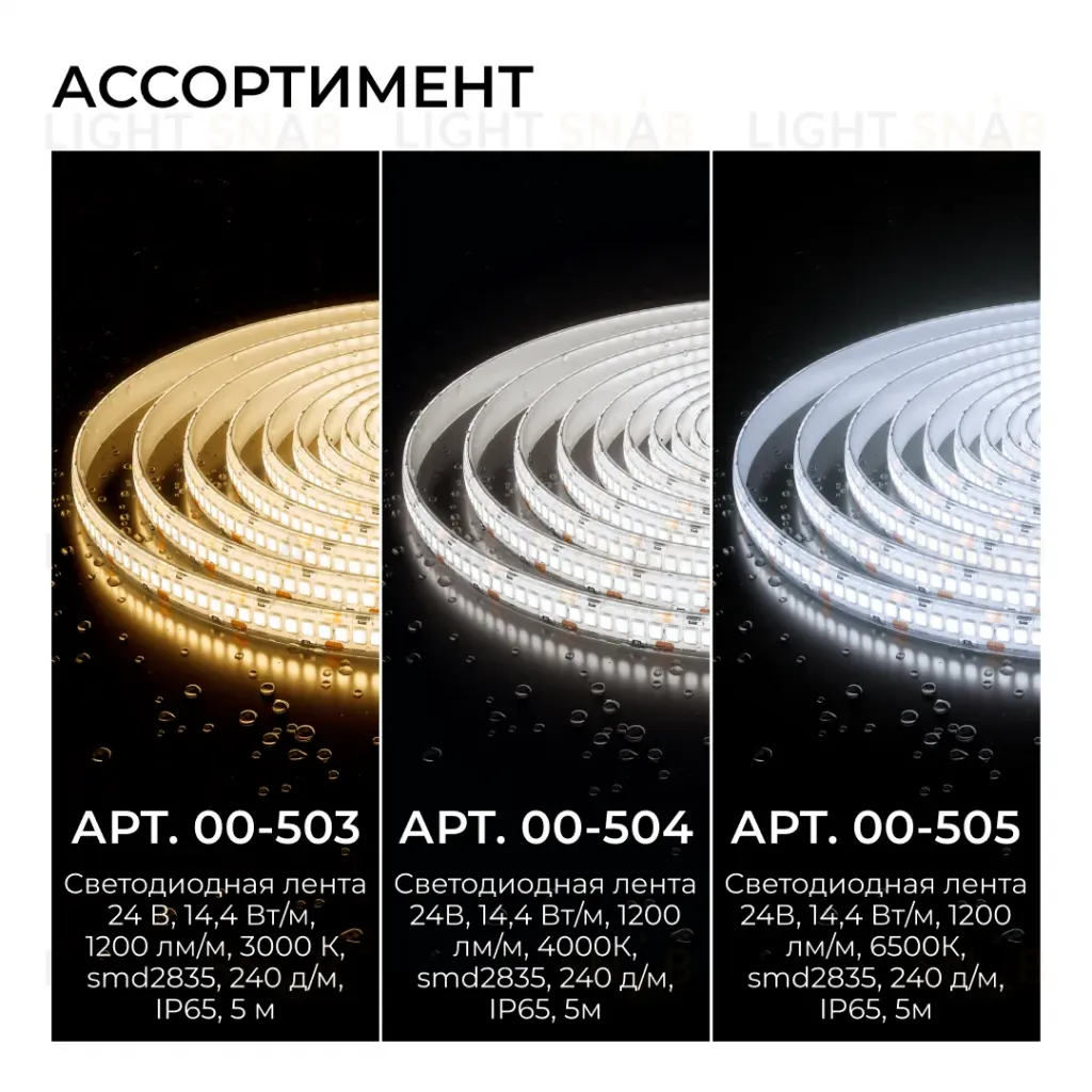 Светодиодная лента Apeyron 24В, 14,4 Вт/м, 1200 лм/м, 6500К, smd2835, 240 д/м, IP65, 5м 00-505 00-505