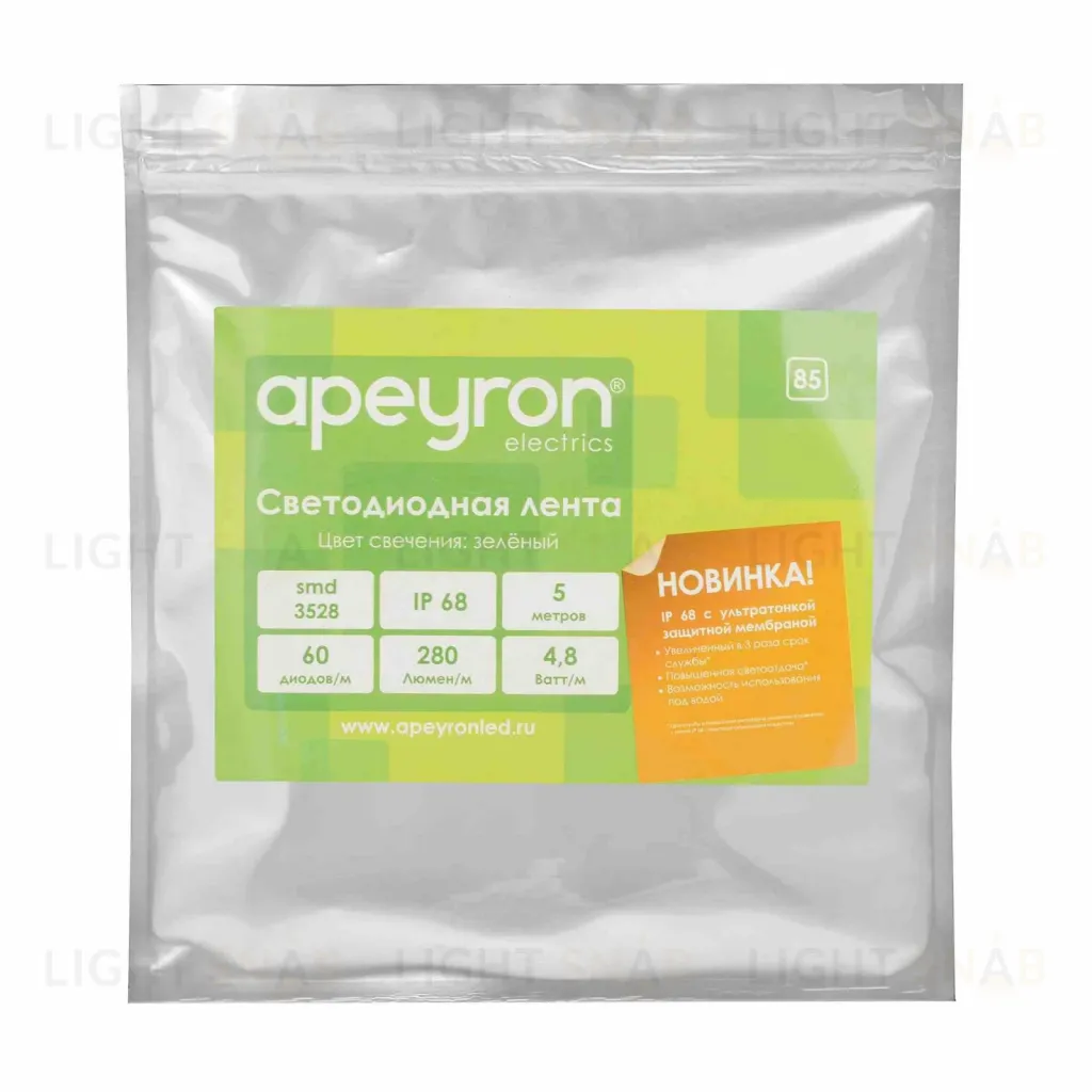 Светодиодная лента Apeyron 12В СТ 4,8Вт/м smd3528, 60д/м IP67 (НАНО) 5м зеленая 00-85 00-85