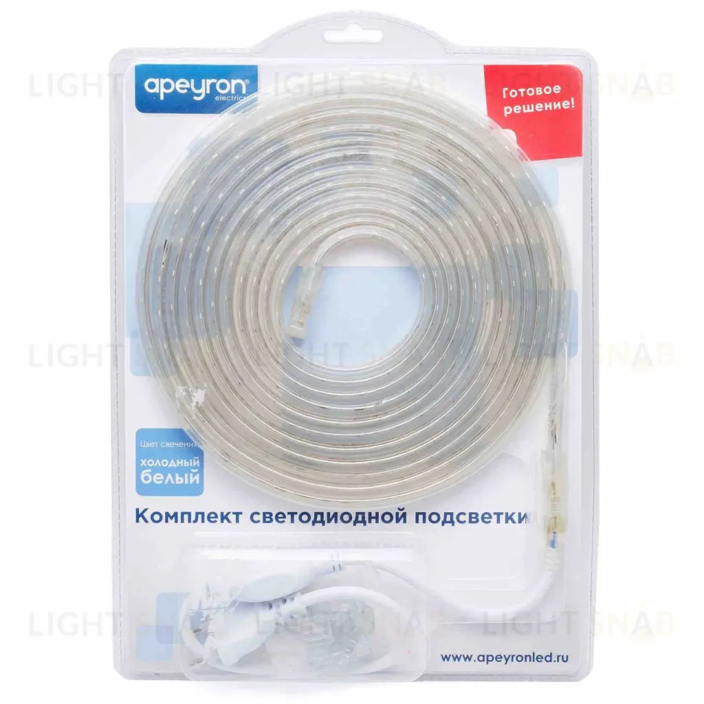 Комплект светодиодной ленты Apeyron 220В 4,8Вт/м smd3528/2835 60д/м IP65 300Лм/м 5м 6000К (сетевой шнур, заглушка, крепежи)  10-04 10-04