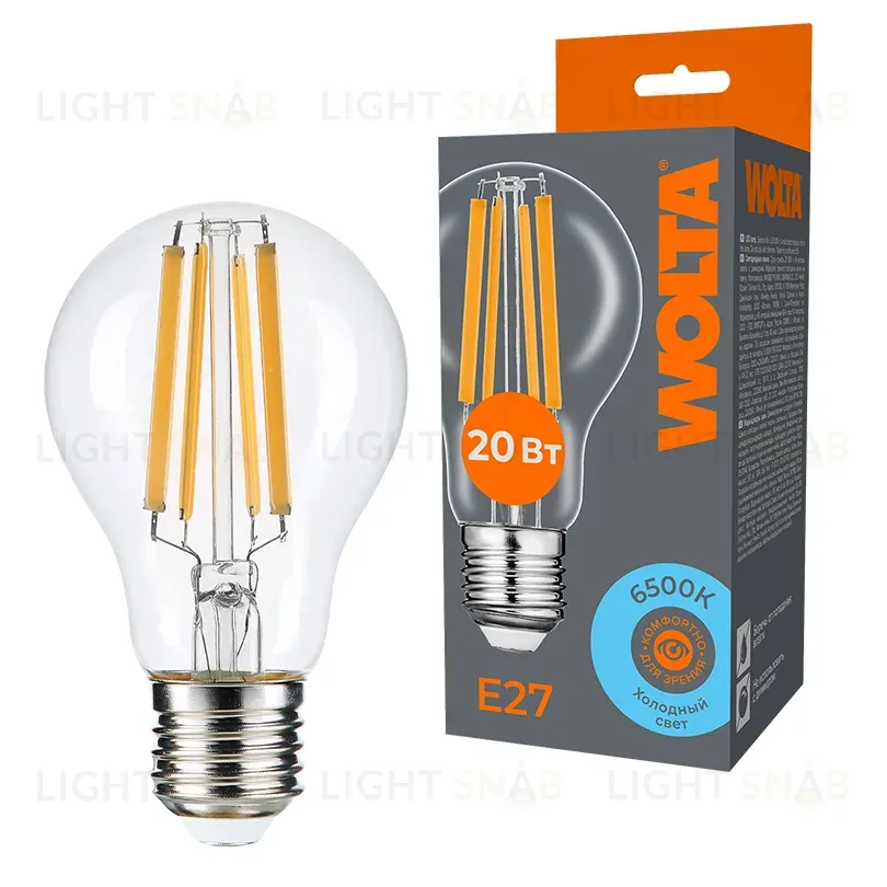 Лампа светодиодная филаментная WOLTA 20Вт 6500K Е27 груша прозрачная WF-A60-20W6KE27 WF-A60-20W6KE27