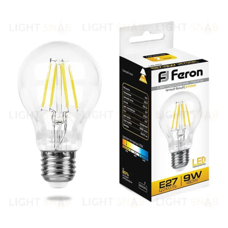Лампа светодиодная филаментная Feron E27 9W 2700K Шар Прозрачная LB-63 25631 25631