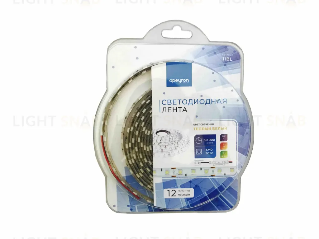Светодиодная лента Apeyron 12В СТ 14,4Вт/м smd5050 60д/м IP65 700Лм/м 5м 3000К 11BL 11BL