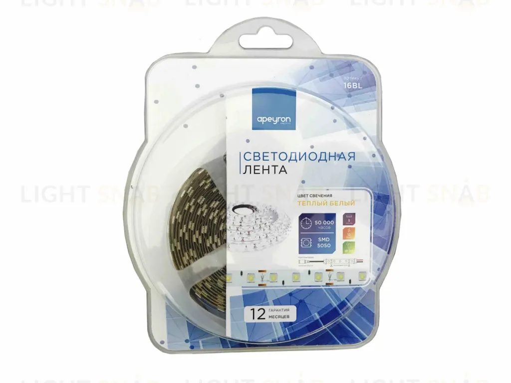 Светодиодная лента Apeyron 12В СТ 14,4Вт/м smd5050 60д/м IP20 700Лм/м 5м 3000К 16BL 16BL