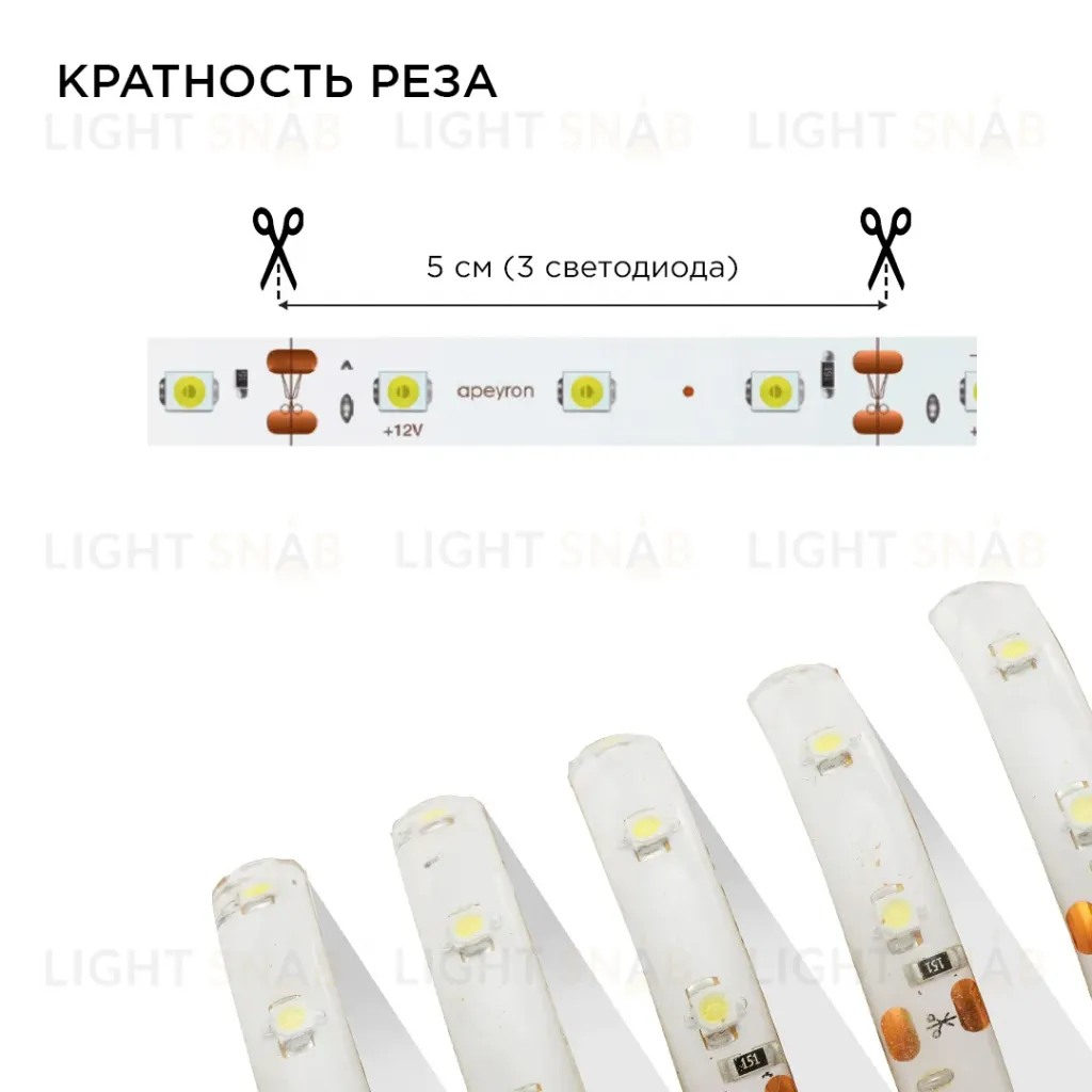 Комплект светодиодной ленты Apeyron 12В 4.8Вт/м smd 3528 60 д/м IP65 5м 6500K (блок, коннектор) 10-26 10-26