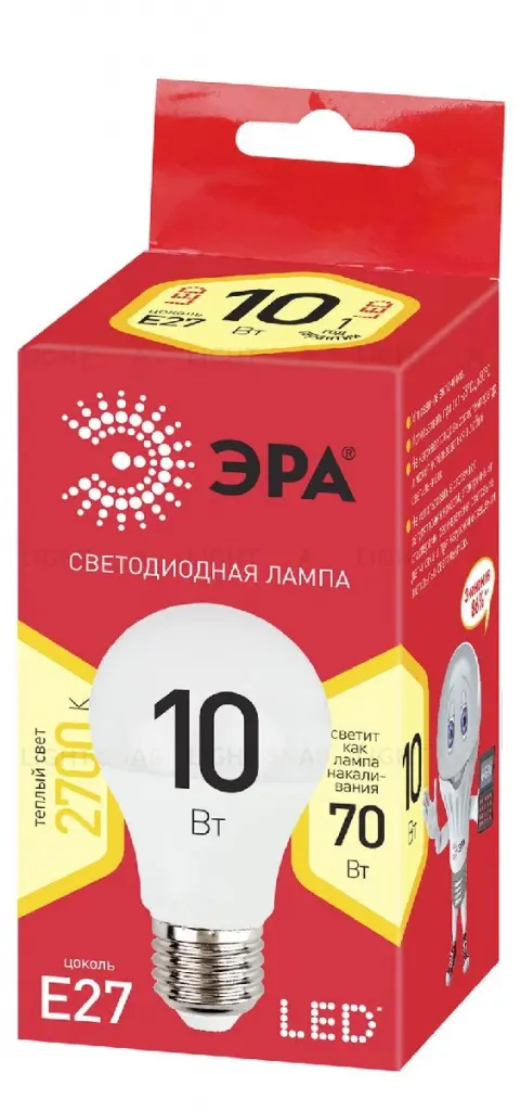 Лампа светодиодная Эра E27 10W 2700K ECO LED A60-10W-827-E27 Б0028006 Б0028006