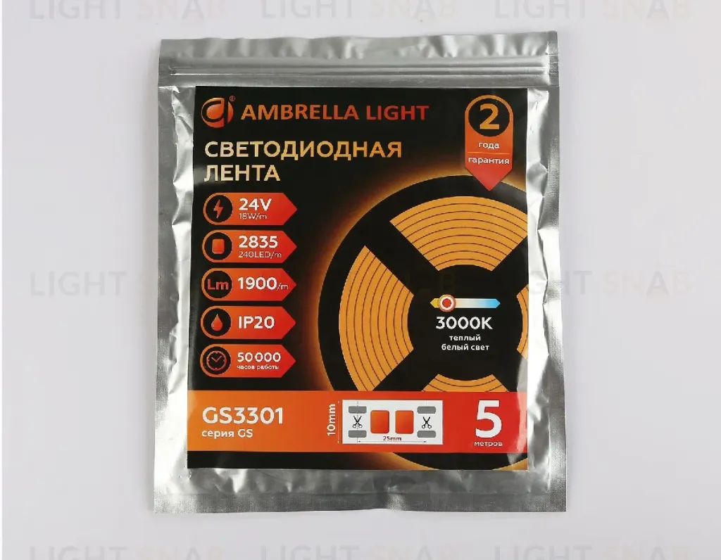 Светодиодная лента Ambrella Light LED Strip 24В 2835 18Вт/м 3000K 5м IP20 GS3301 GS3301