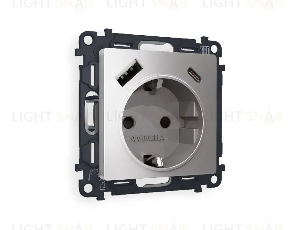Комплект механизма розетки 2USB A+C 20W (быстрая зарядка) с/з Ambrella Volt Alfa MA510010 MA510010