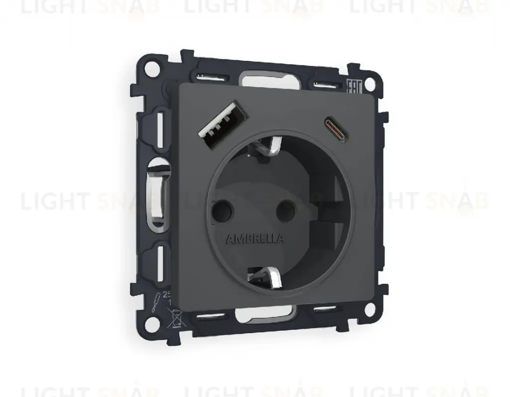 Комплект механизма розетки 2USB A+C 20W (быстрая зарядка) с/з Ambrella Volt Alfa MA910010 MA910010
