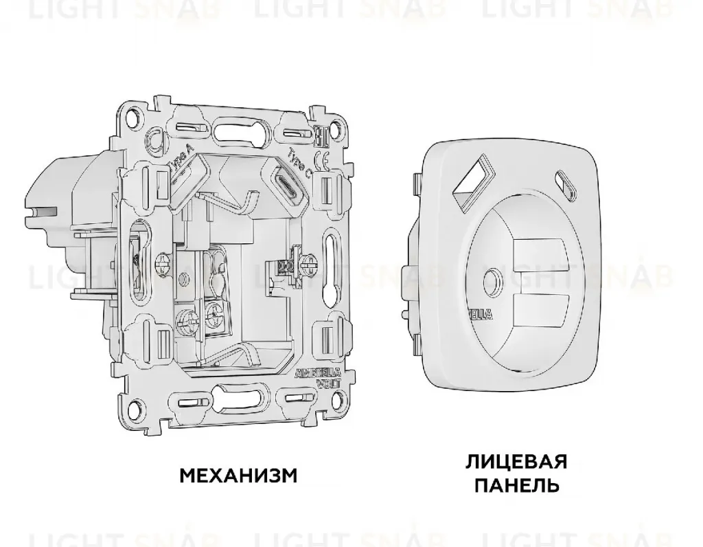 Комплект механизма розетки 2USB A+C 20W (быстрая зарядка) с/з Ambrella Volt Omega MO810010 MO810010
