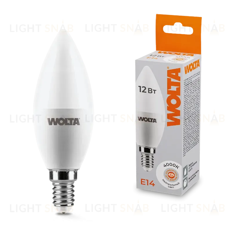Светодиодная лампа WOLTA 12Вт 4000K Е14 свеча матовая 25SC12E14 25SC12E14