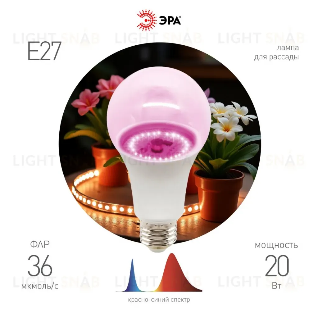 Фитолампа для растений Эра ФИТО A65-20W-PL-E27-GR Б0068597 Б0068597