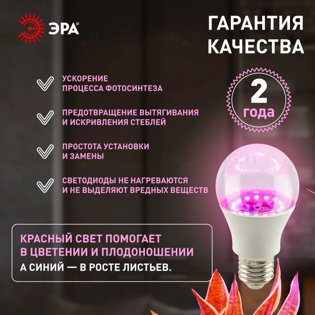 Фитолампа для растений Эра ФИТО A65-20W-PL-E27-GR Б0068597 Б0068597