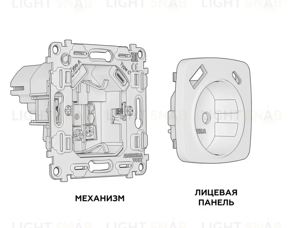Комплект механизма электрической розетки USB A+C 20W Ambrella Volt Omega (OP1100, VM160) MO110010 MO110010