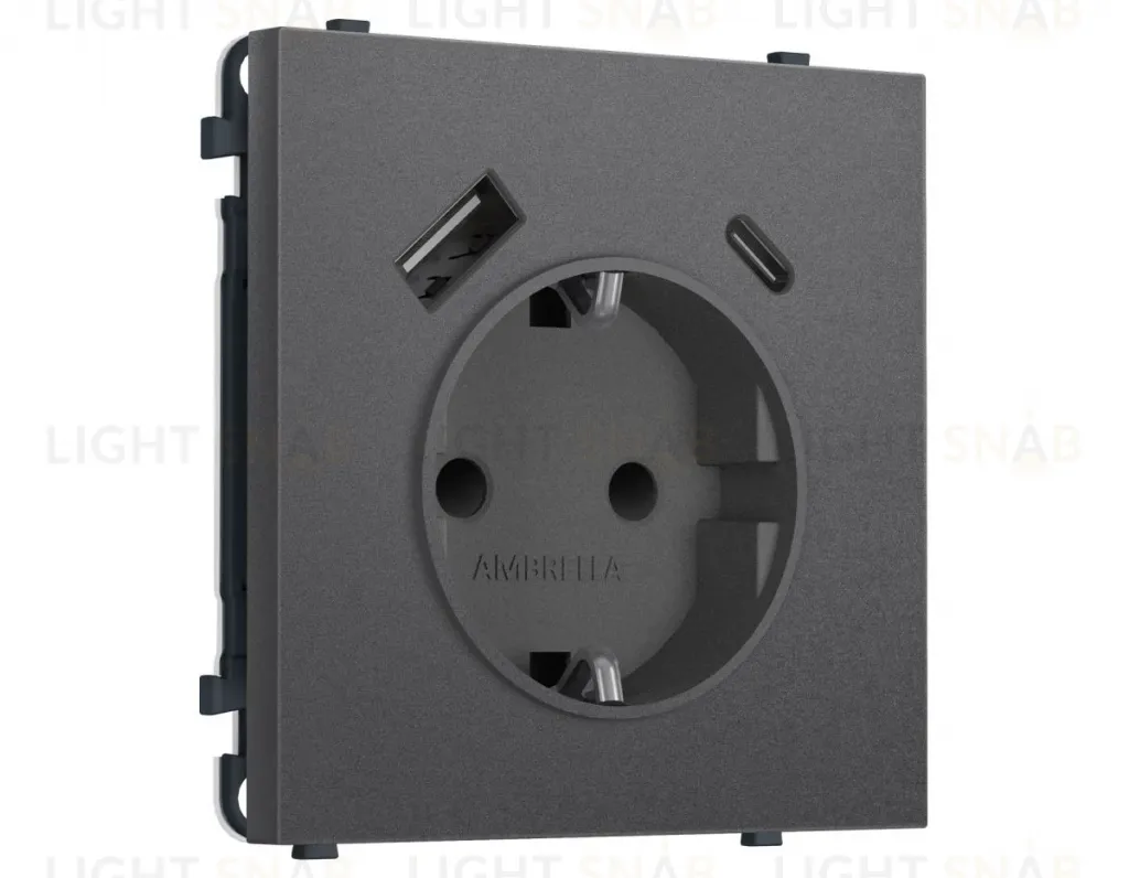 Комплект механизма электрической розетки SIGMA Антрацит серый 2USB A+C 20W Ambrella Volt MS660010 (SP6600, PR160) MS660010