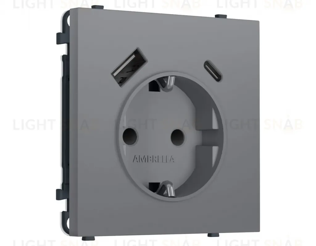 Комплект механизма электрической розетки SIGMA Платиново-серый Мягкое кас. 2USB A+C 20W Ambrella Volt MS870010 (SP8700, PR160) MS870010
