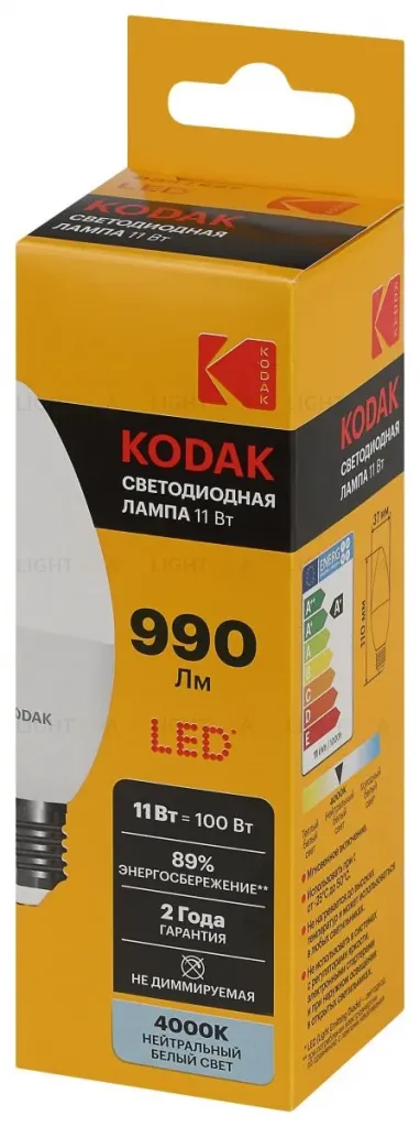 Лампа светодиодная Kodak LED B35-11W-840-E27 K 11Вт свеча нейтральный белый свет Е27 Б0057633 Б0057633