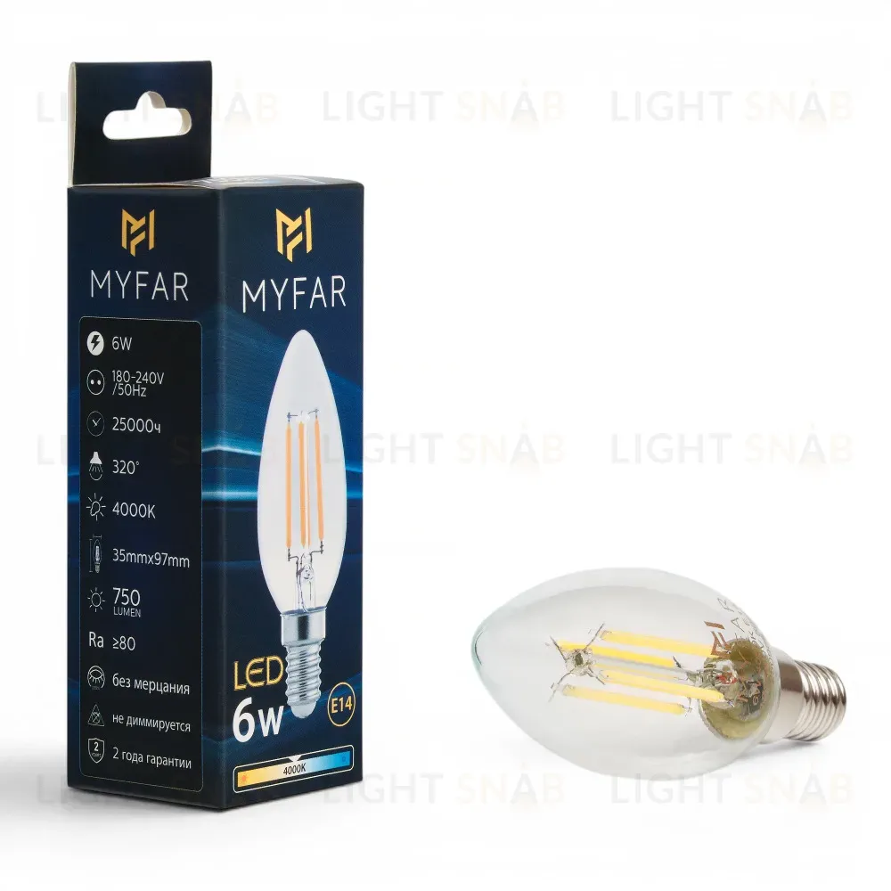 Лампа светодиодная филаментная Myfar Базис E14 свеча прозрачная MB1002E14-6W4K MB1002E14-6W4K
