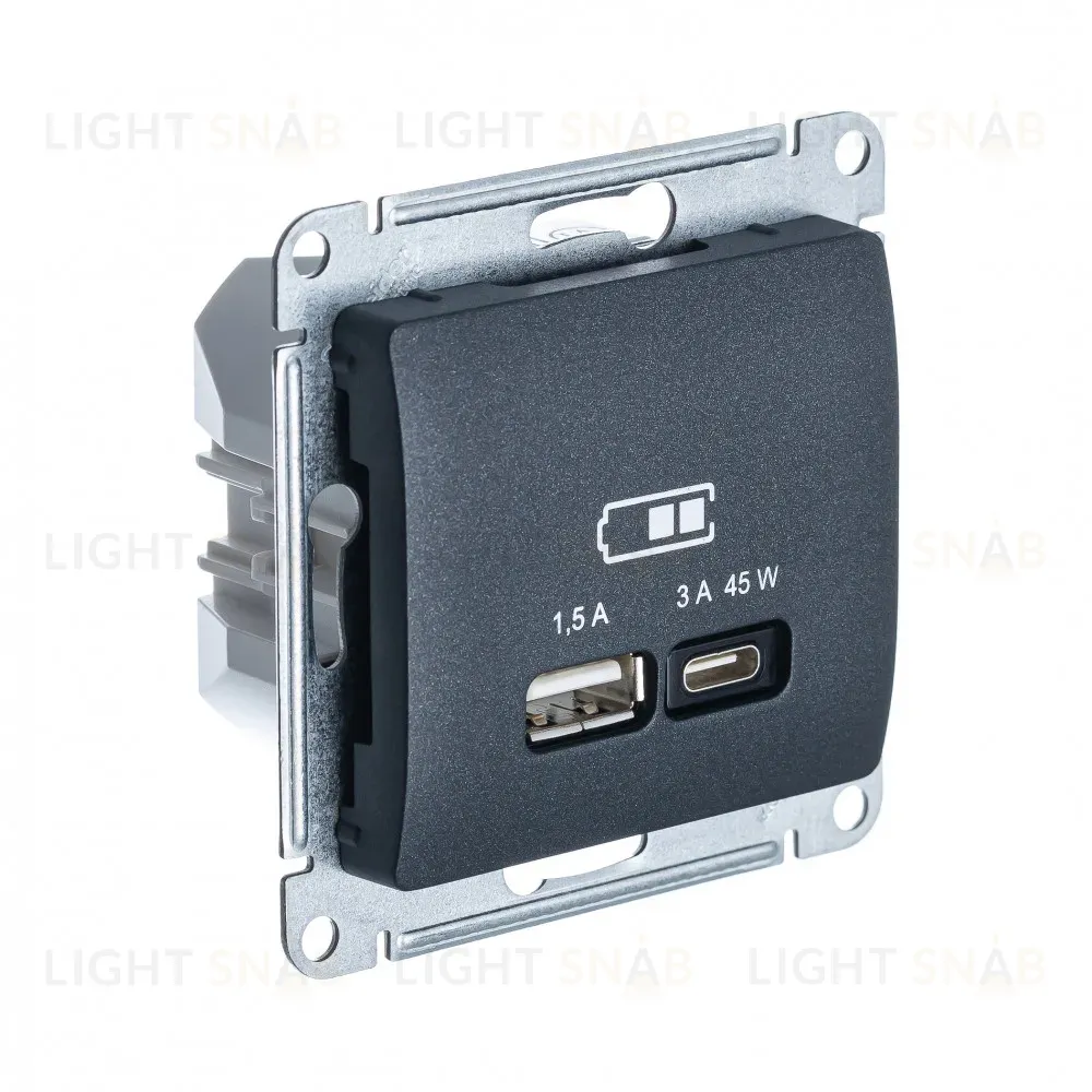USB Розетка A + тип-C 45W высокоскор.заряд. QC, PD, мех. Systeme Electric Glossa Антрацит GSL000729 GSL000729