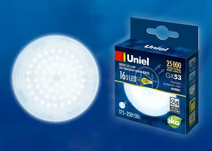 Лампа светодиодная (UL-00005315) Uniel GX53 16W 6500K матовая LED-GX53-16W/6500K/GX53/FR PLZ01WH LED-GX53-16W/6500K/GX53/FR PLZ01WH картон