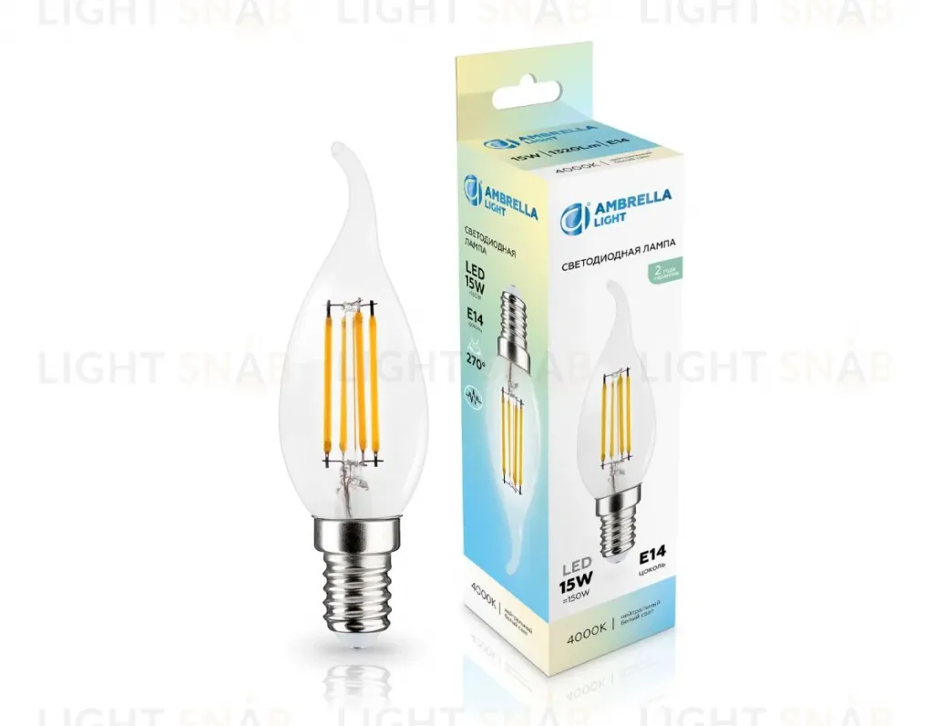 Филаментная светодиодная лампа Ambrella Light Bulbing E14 15W 4000K свеча на ветру 351524 351524