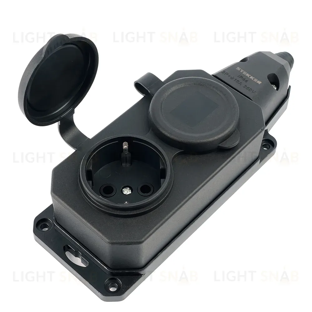 Розетка переносная 2-местная c/з Stekker RST16-2-44 250В 16А IP44 черный 50805 50805