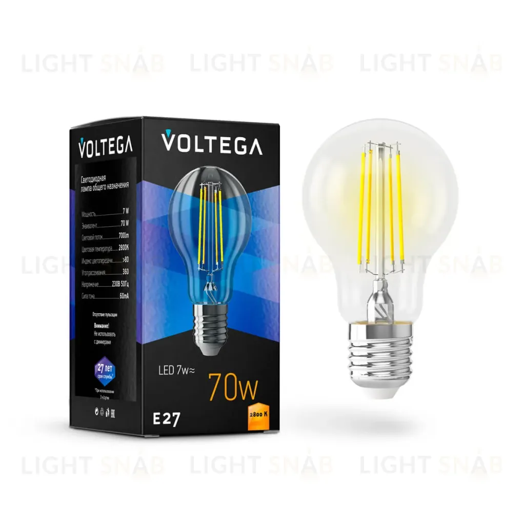 Лампа светодиодная Voltega E27 7W 2800K груша прозрачная VG10-A60E27warm7W-F 7140 7140