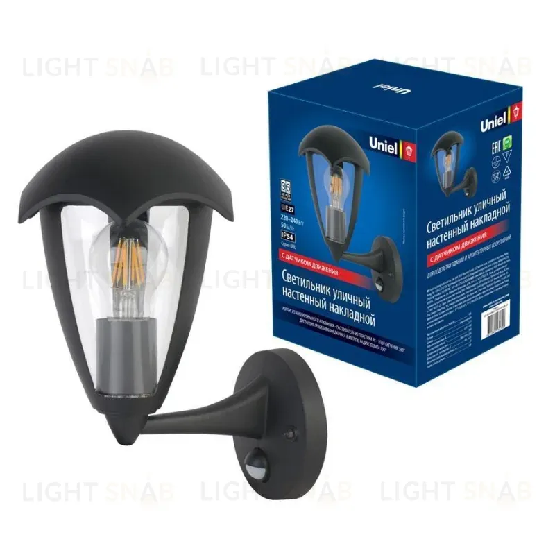 Уличный настенный светильник (UL-00006813) Uniel UUL-S81A 60W/E27 Sensor IP54 Black UUL-S81A 60W/E27 Sensor IP54 Black