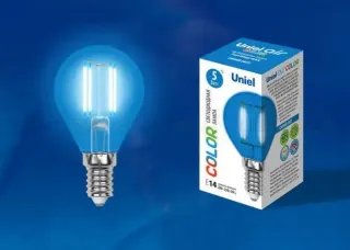 Лампа светодиодная филаментная (UL-00002989) Uniel E14 5W синий LED-G45-5W/BLUE/E14 GLA02BL LED-G45-5W/BLUE/E14 GLA02BL картон