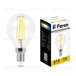 Лампа светодиодная филаментная Feron E14 7W 2700K Шар Прозрачная LB-52 25874 25874