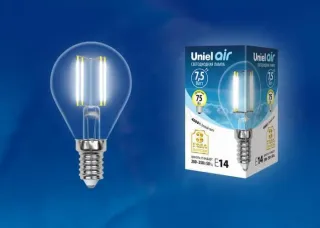 Лампа светодиодная филаментная (UL-00003254) Uniel E14 7,5W 4000K прозрачная LED-G45-7,5W/NW/E14/CL GLA01TR LED-G45-7,5W/NW/E14/CL GLA01TR картон