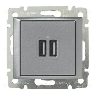 Розетка USB двойная Legrand Valena 240V/5V 2400mA алюминий 770270 770270