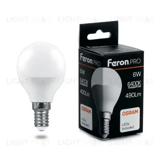Лампа светодиодная Feron Pro E27 6W 6400K шар матовый LB-1406 38067 38067