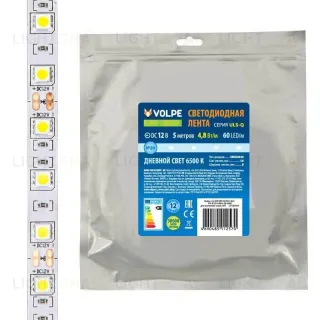Светодиодная лента Volpe 4,8W/m 60LED/m 2835SMD холодный белый 5M ULS-Q320 2835-60LED/m-8mm-IP20-DC12V-4,8W/m-5M-6500K UL-00004537 ULS-Q320 2835-60LED/m-8mm-IP20-DC12V-4,8W/m-5M-6500K катушка в герметичной упаковке