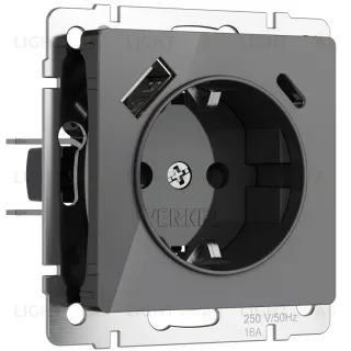 Розетка с заземлением, шторками и USB тип A+C Werkel 4690389197536 W1171744 a064093 4690389197536