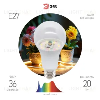 Фитолампа для растений Эра ФИТО A65-20W-PFR-E27-GR Б0068577 Б0068577