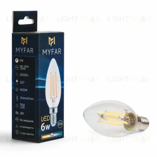 Лампа светодиодная филаментная Myfar Базис E14 свеча прозрачная MB1002E14-6W4K MB1002E14-6W4K