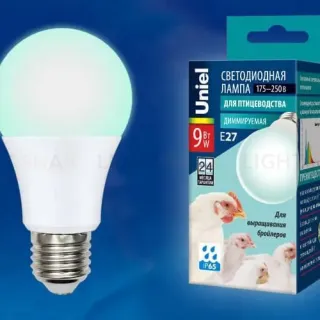 Лампа светодиодная диммируемая для бройлеров Uniel E27 9W LED-A60-9W/SCBG/E27/FR/DIM IP65 PLO65WH