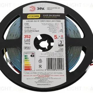 Светодиодная лента Эра 24В 12Вт/м 2700K 5м IP20 LRCOB-352-8 12W/m 8mm 24V 2700K 3year Б0053962